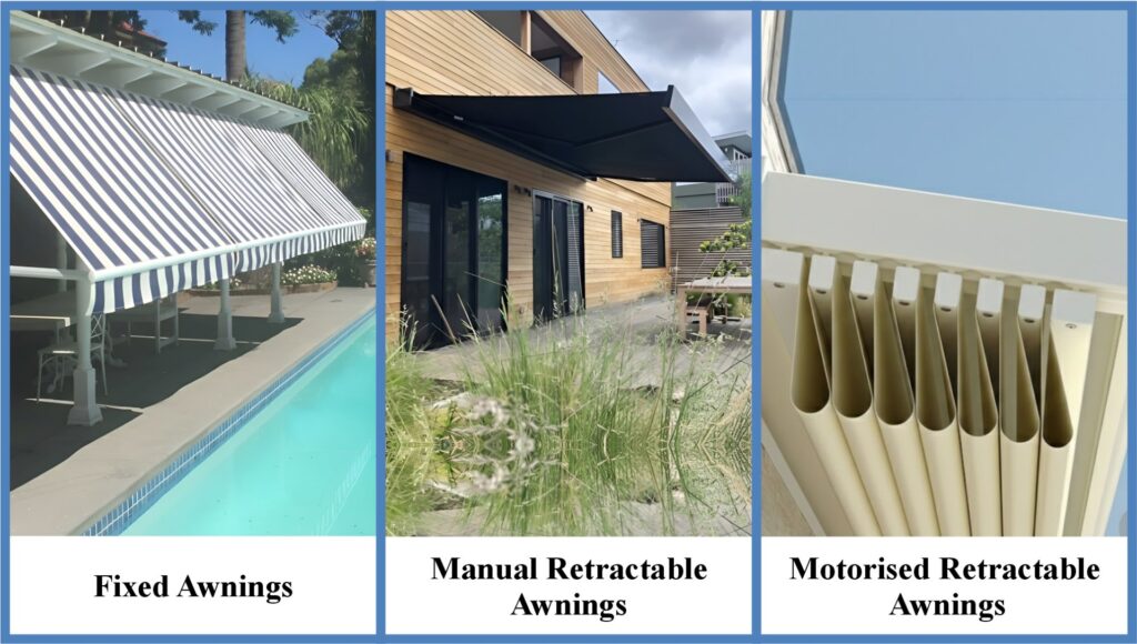 Alt text: "Comparison of three types of awnings: Fixed Awnings (striped design over a poolside), Manual Retractable Awnings (black retractable awning over a wooden house), and Motorised Retractable Awnings (folding mechanism of a motorized retractable awning).
