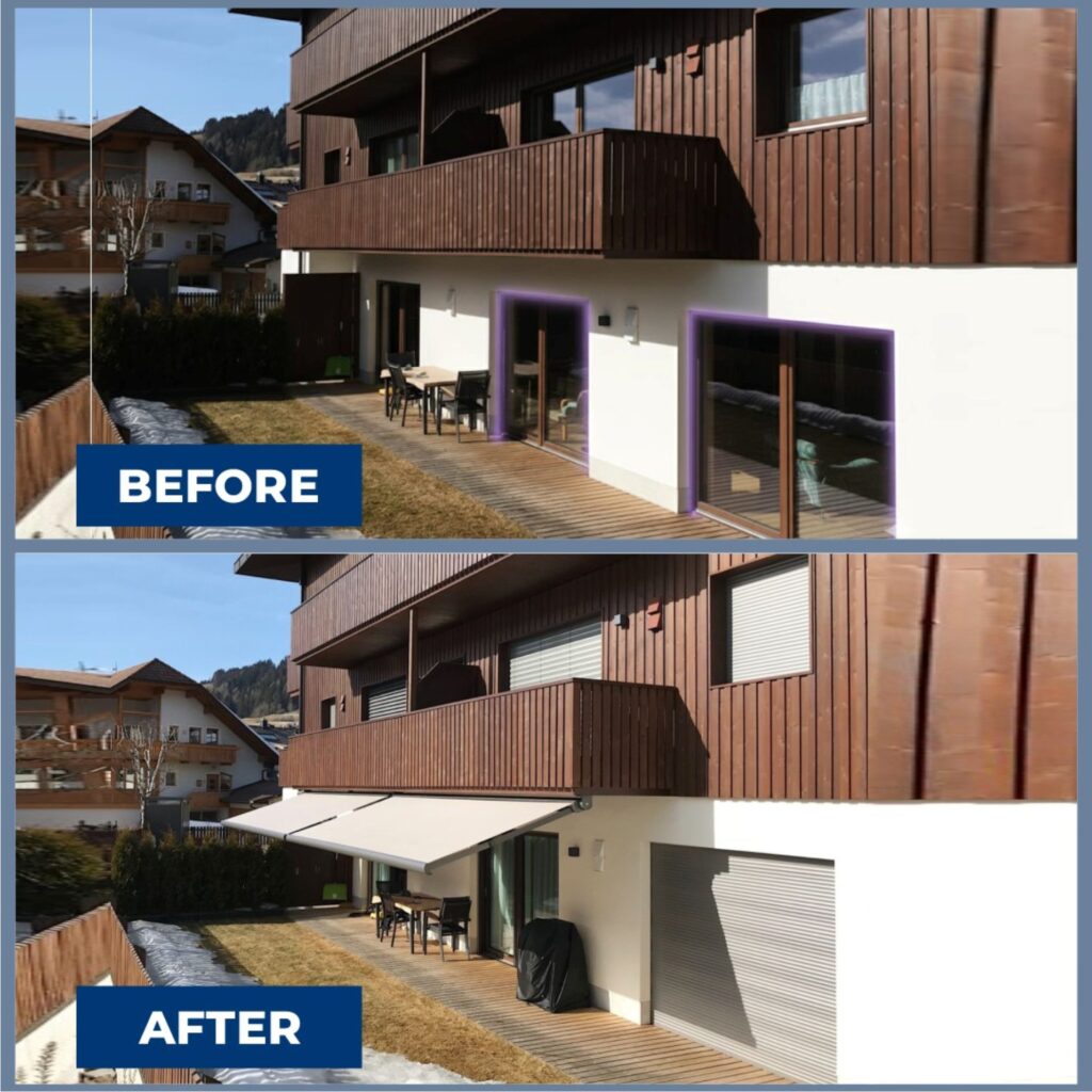 Before and after images of a house with a retractable awning installed